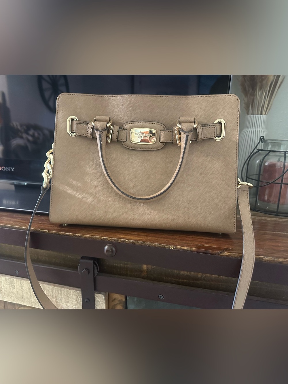 Michael Kors  Leather Satchel with Gold Hardware- DK khaki